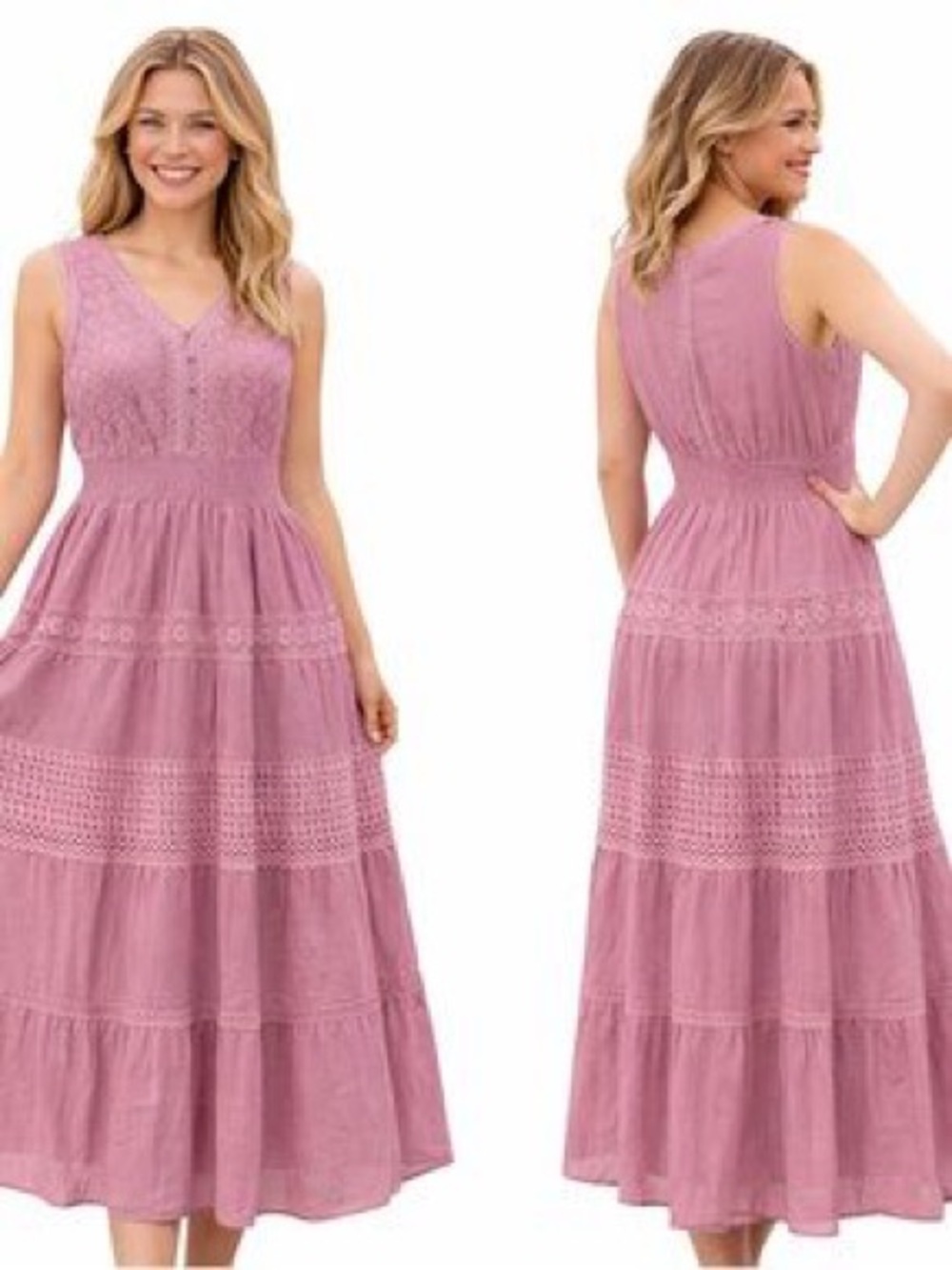 NAOO Nation AK Outfits Midi Dress Large Lilac Crochet Sleeveless Tiered V Neck